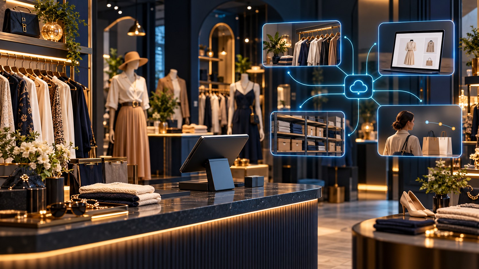 Fashion boutique checkout connected to online store and shared inventory