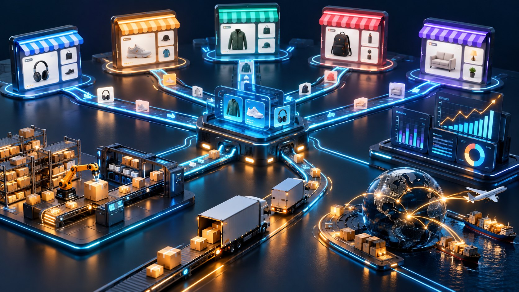 Multiple online marketplaces linked with listings, orders, inventory, and shipping